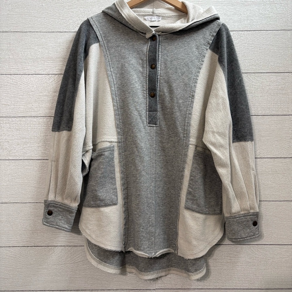 AEMI + CO Heather Gray Mixed Media Hoodie Oversized Small Boho Cozy - Picture 7 of 16